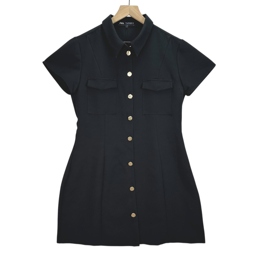 Zara Black Shirt Dress XL Gold Button Front Short Sleeve Mini Utility Dress NWT